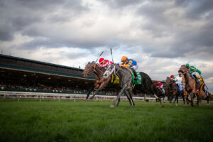 Noted (blue and orange silks) finishing second in the Bourbon (G2) at Keeneland (Photo by Keeneland Photos)