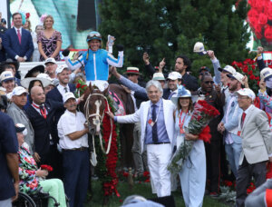 Winnerc Circle. Mage with Javier Castellano riding wins the 2023 Kentucky Derby at Churchill Downs, KY 