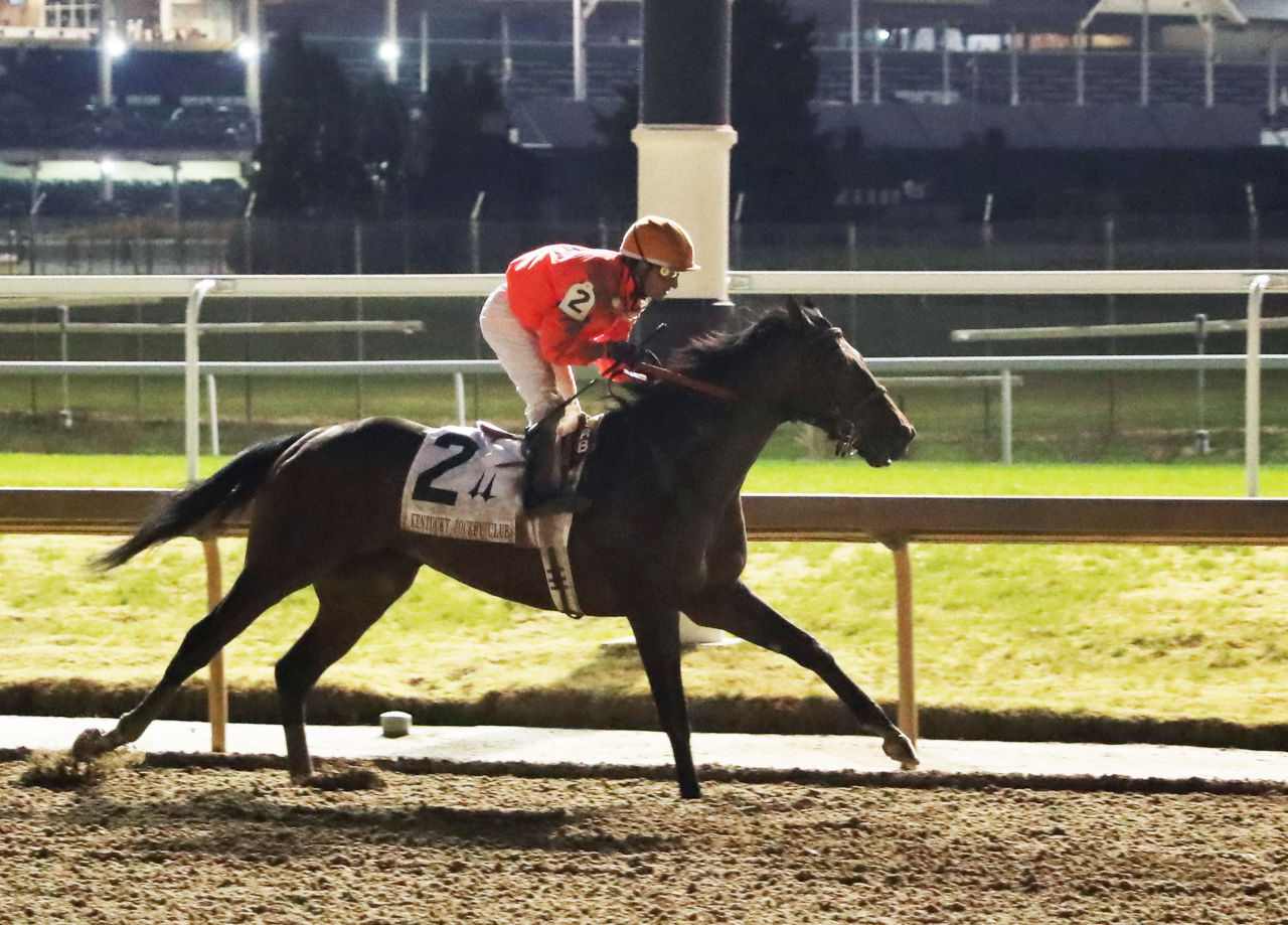 Honor Marie gallops out after his victory in the 2023 Kentucky Jockey Club