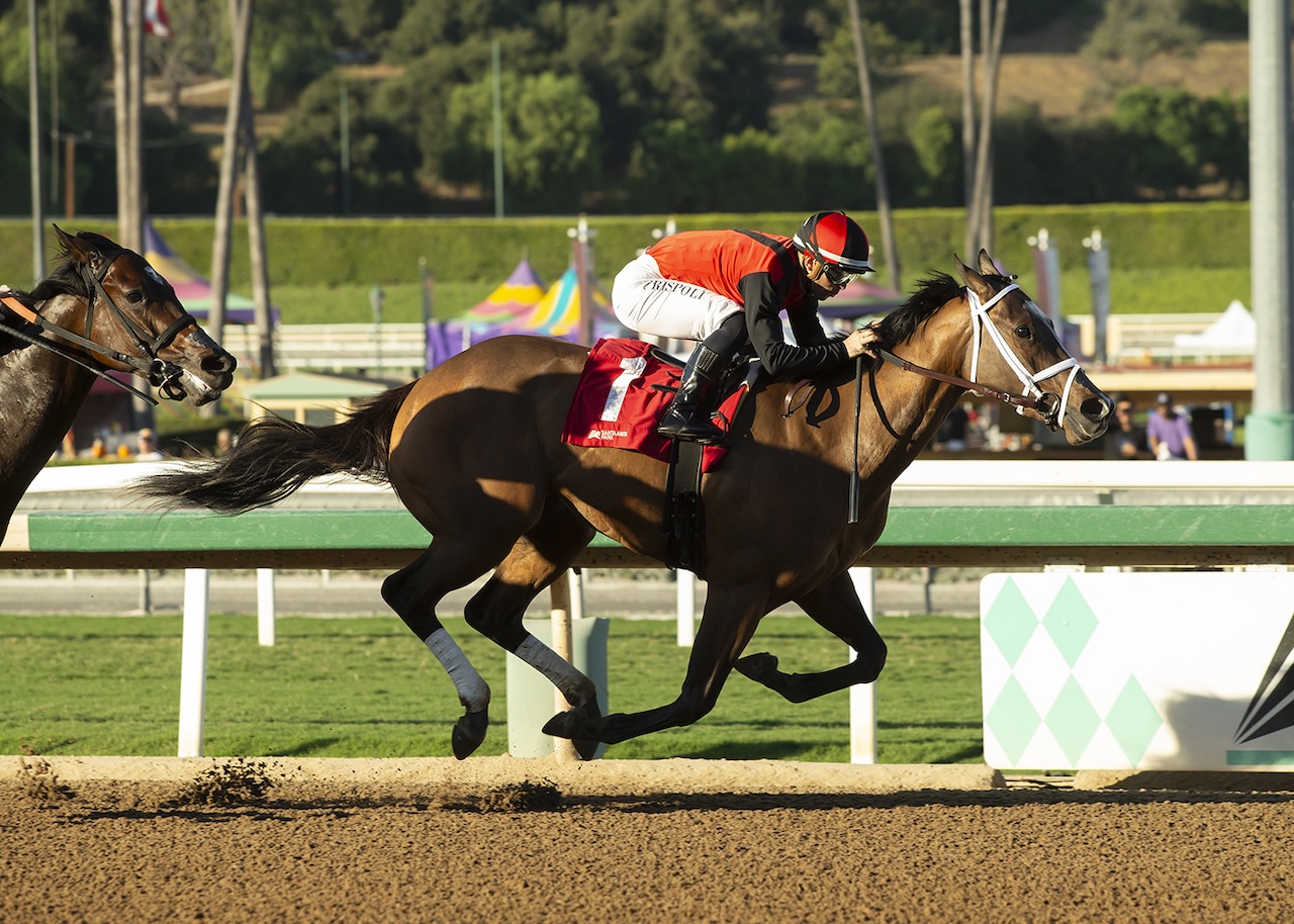 Sandy Bottom wins the Anoakia Stakes at Santa Anita Park.