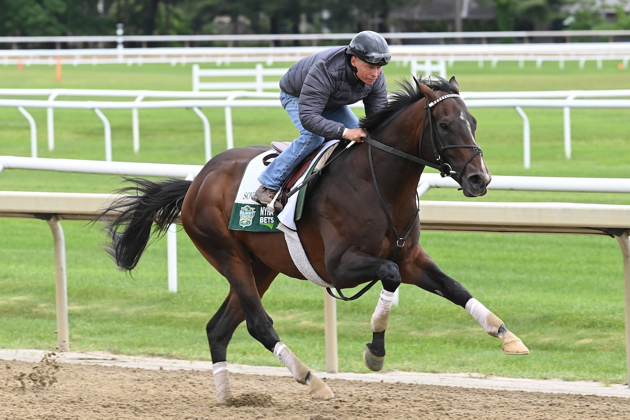 Sovereignty works before the Belmont Stakes at Saratoga.