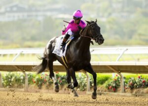 Midnight Mammoth and jockey Aramando Ayuso win the Cougar II Stakes, at Del Mar.