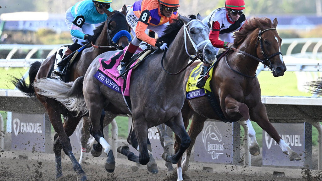 Ted Noffey (outside) winning the Breeders' Cup Juvenile (G1) at Del Mar