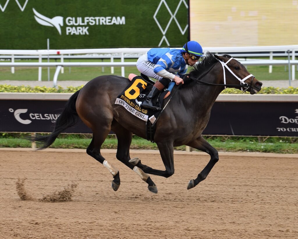 On Time Girls wins the Forward Gale at Gulfstream Park.