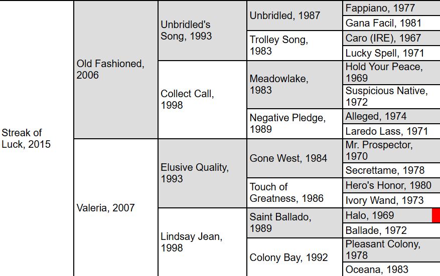 Pedigree of Ted Noffey's mother, Streak of Luck