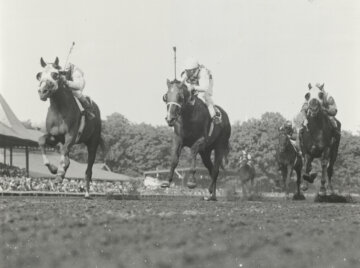 Sword Dancer, Manny Ycaza up, winning Travers Stakes over Middle Brother at Saratoga.