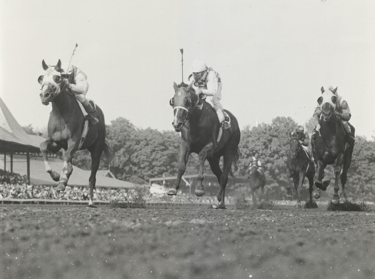 Sword Dancer, Manny Ycaza up, winning Travers Stakes over Middle Brother at Saratoga.