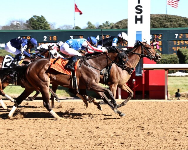 Search Party wins the Martha Washington Stakes at Oaklawn Park.