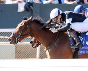 Search Party wins the Martha Washington Stakes at Oaklawn Park.