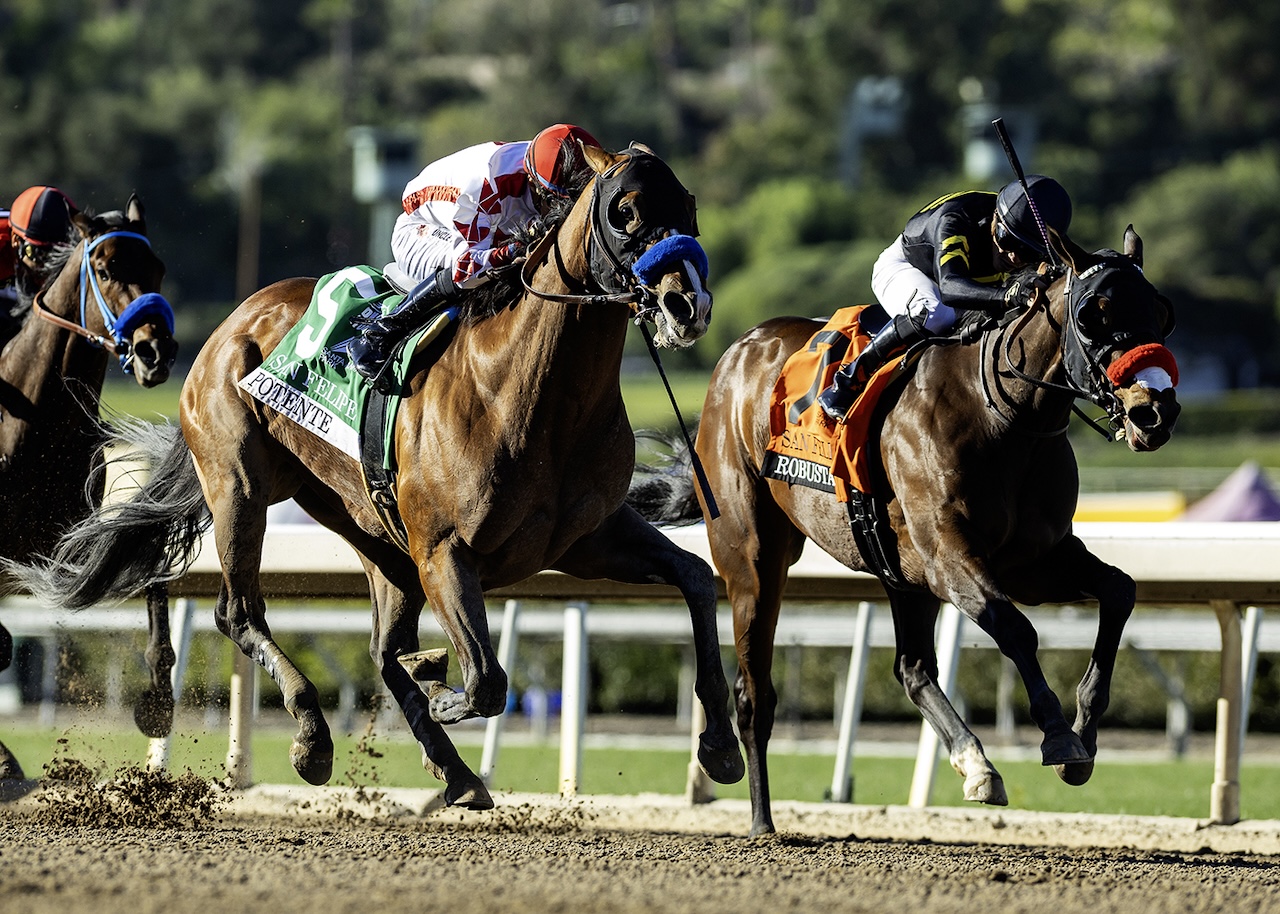 Potente and jockey Juan Hernandez win the San Felipe Stakes at Santa Anita Park.