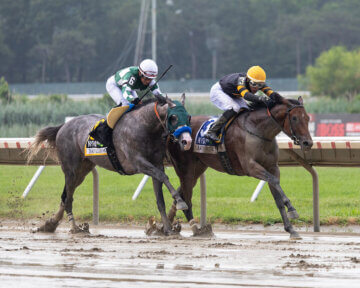 Baby Vino (inside) wins the Haskell Stakes at Monmouth Park.