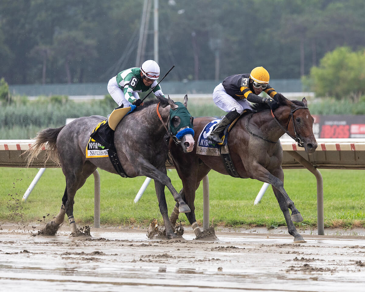 Baby Vino (inside) wins the Haskell Stakes at Monmouth Park.