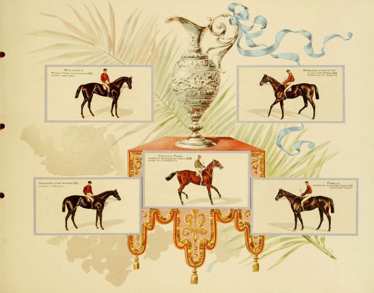 Iroquois and Parole are featured in the bottom row in this image from the Album of celebrated American and English running horses