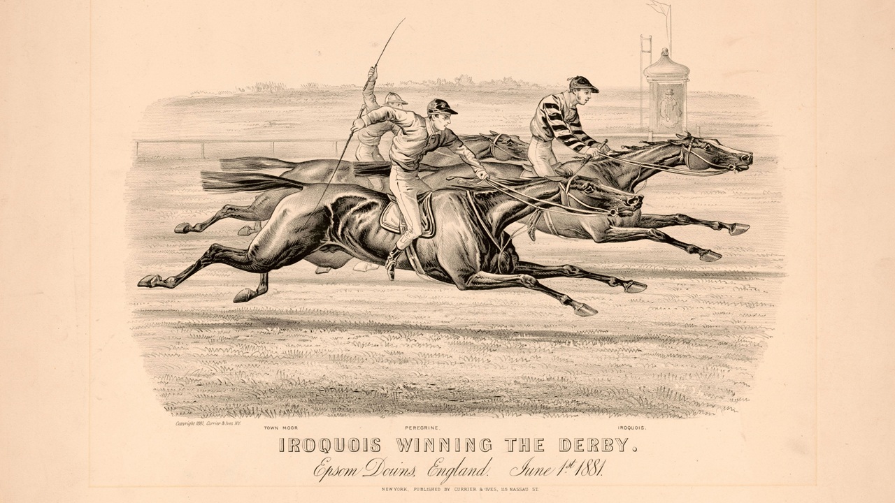 Iroquois gets up to beat Peregrine in the 1881 Epsom Derby