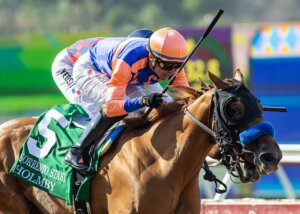 Holmby wins the Sorrento Stakes at Del Mar.